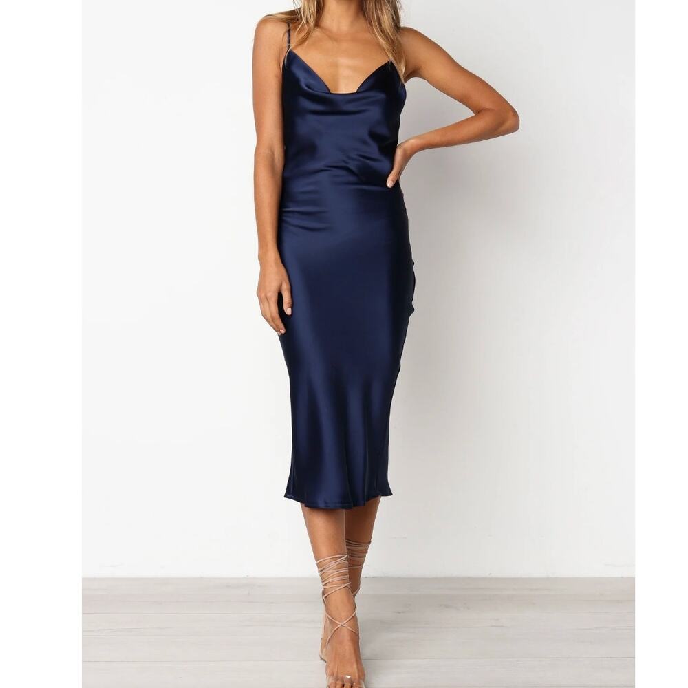 Petal + Pup Persia Navy Blue Satin Cowl Neck Midi Dress • Minimalist • Size 6